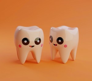 orange background with white teeth freestanding with smiles
